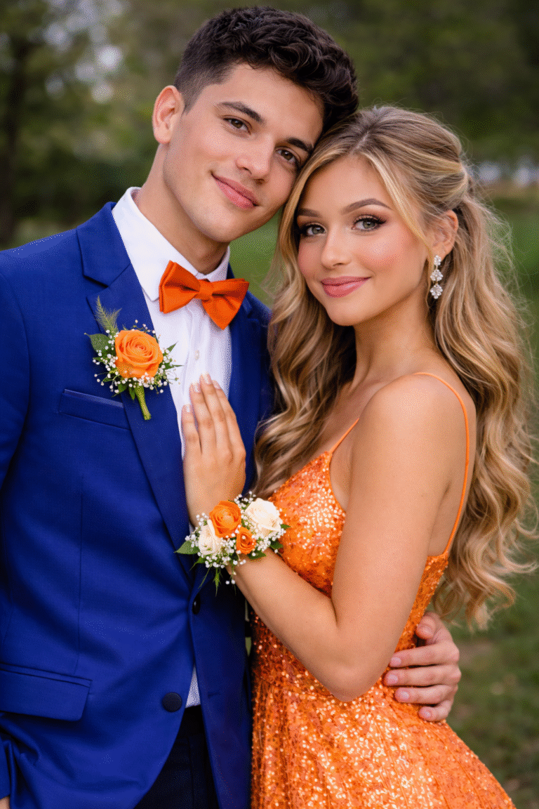 Prom couple orange and blue