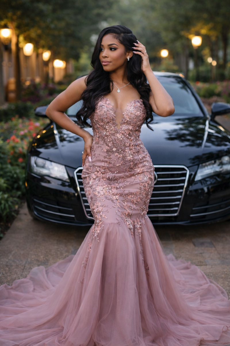 Prom girl in pink gown with car